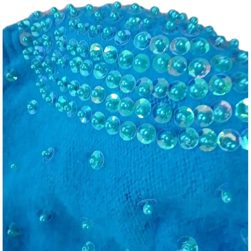 1980s Beaded Sequin CASHMERE Sweater Sz Small‎ Aqua Green Round Neck Barbiecore